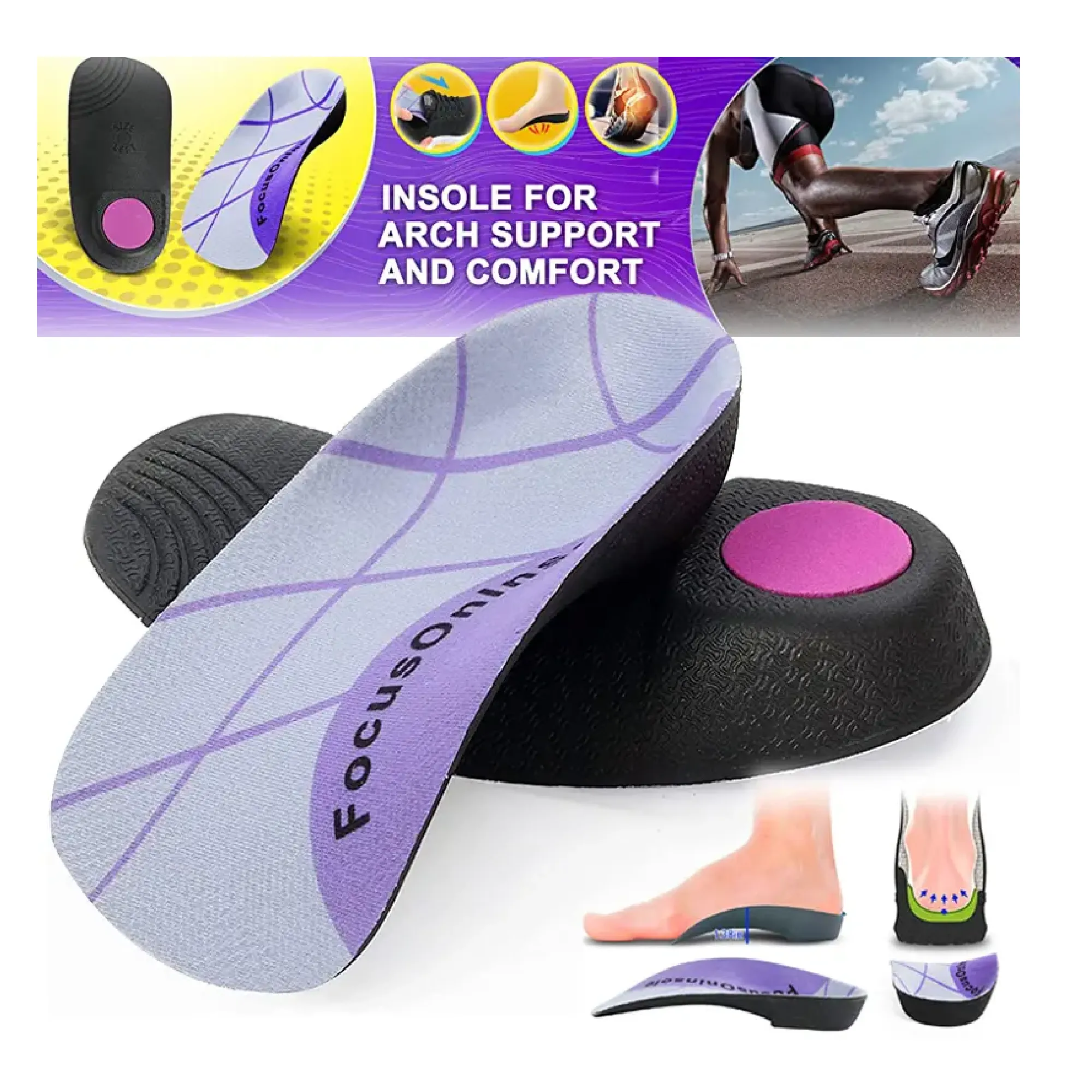 1 pair Premium Unisex Foot Insoles with High Arch Support for Over-Pronation, Plantar Fasciitis, and Flat Feet - Perfect for Walking, Running, and All-Day Comfort