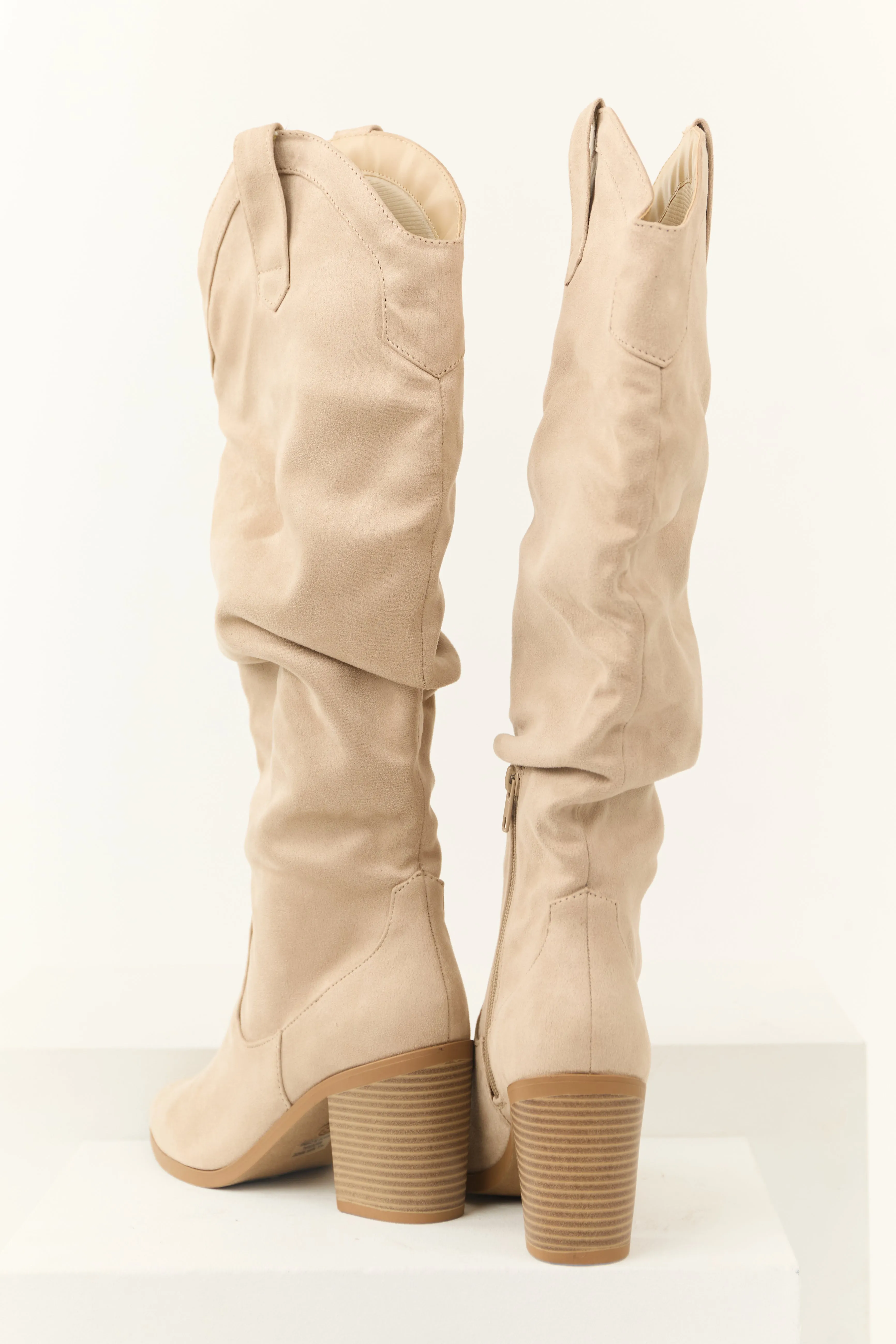 Almond Faux Suede Slouchy Knee High Heeled Boots