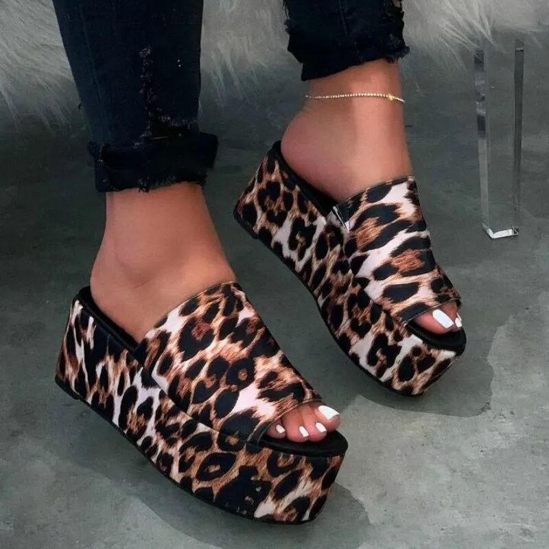 Amozae-   High-heeled Women Flatform Slippers Summer New   Leopard Print Thick with Slides Women Large Size Shoes Woman Wedges Slipper