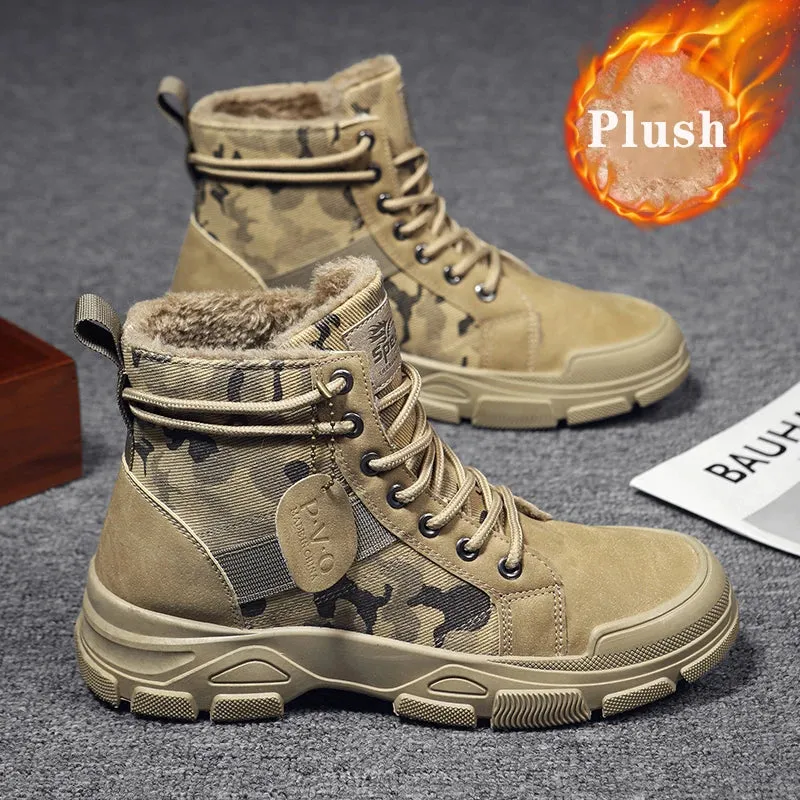 Autumn Winter New Military Boots Men Camo Desert Hiking Boots High-top Fashion Sneakers Work Safety Shoe Men's Plush Martin Boot