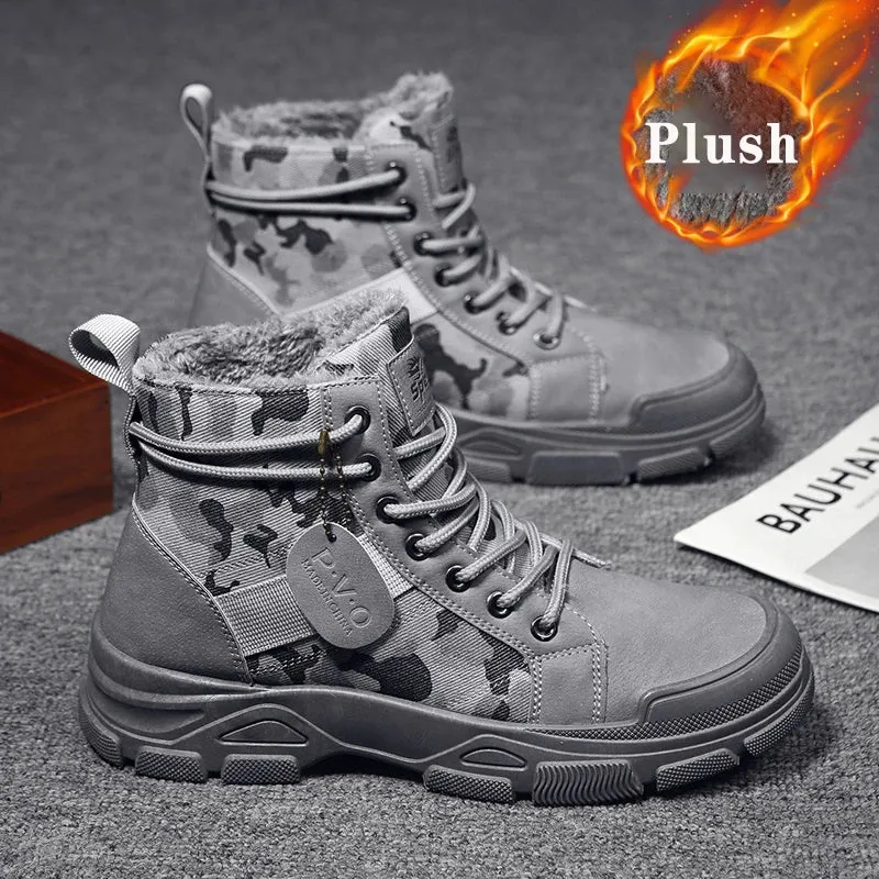 Autumn Winter New Military Boots Men Camo Desert Hiking Boots High-top Fashion Sneakers Work Safety Shoe Men's Plush Martin Boot