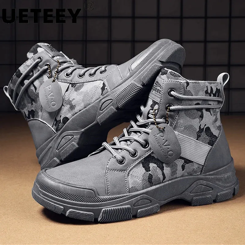 Autumn Winter New Military Boots Men Camo Desert Hiking Boots High-top Fashion Sneakers Work Safety Shoe Men's Plush Martin Boot