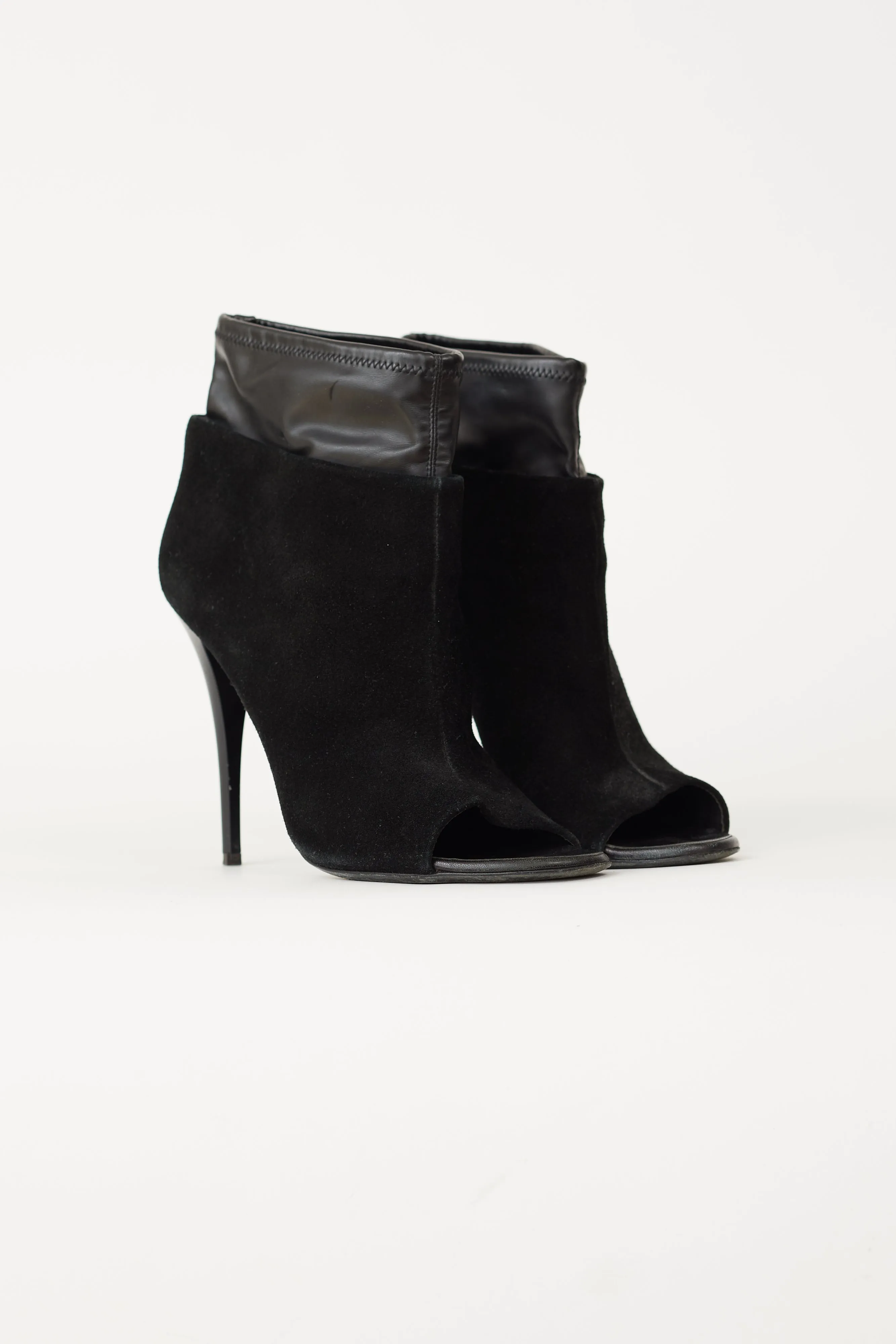 Black Leather & Suede Peep-toe Ankle Bootie