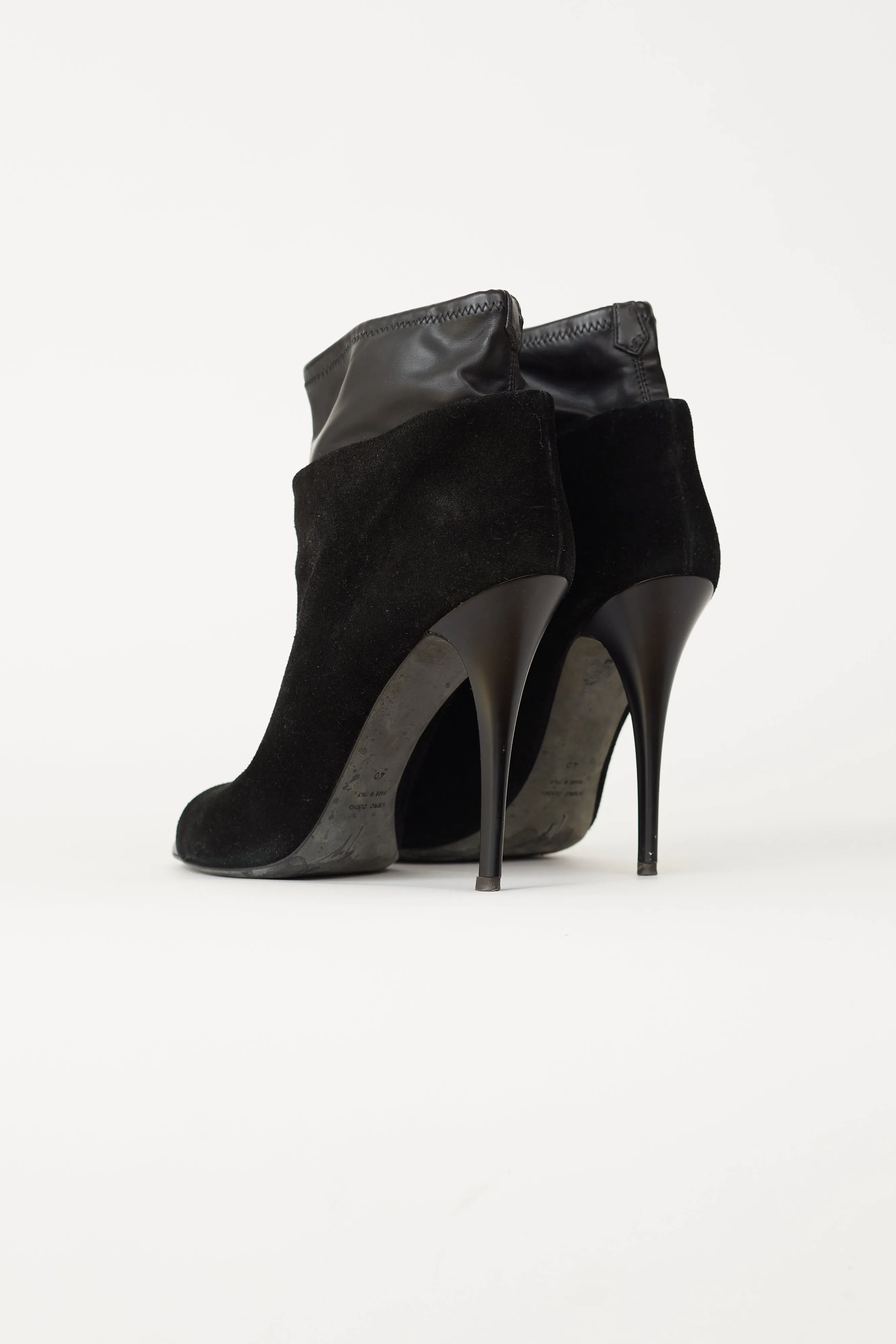 Black Leather & Suede Peep-toe Ankle Bootie