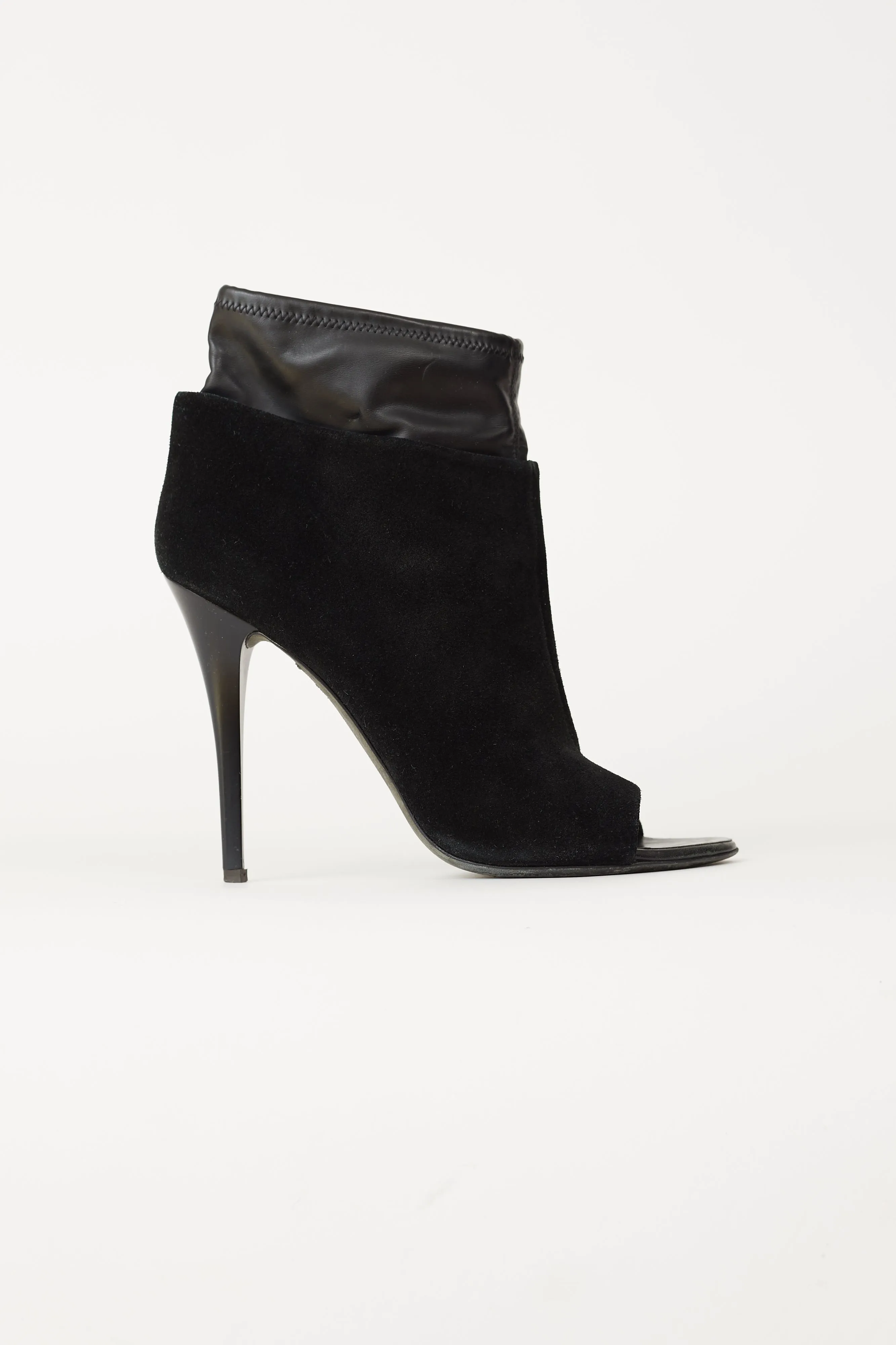 Black Leather & Suede Peep-toe Ankle Bootie