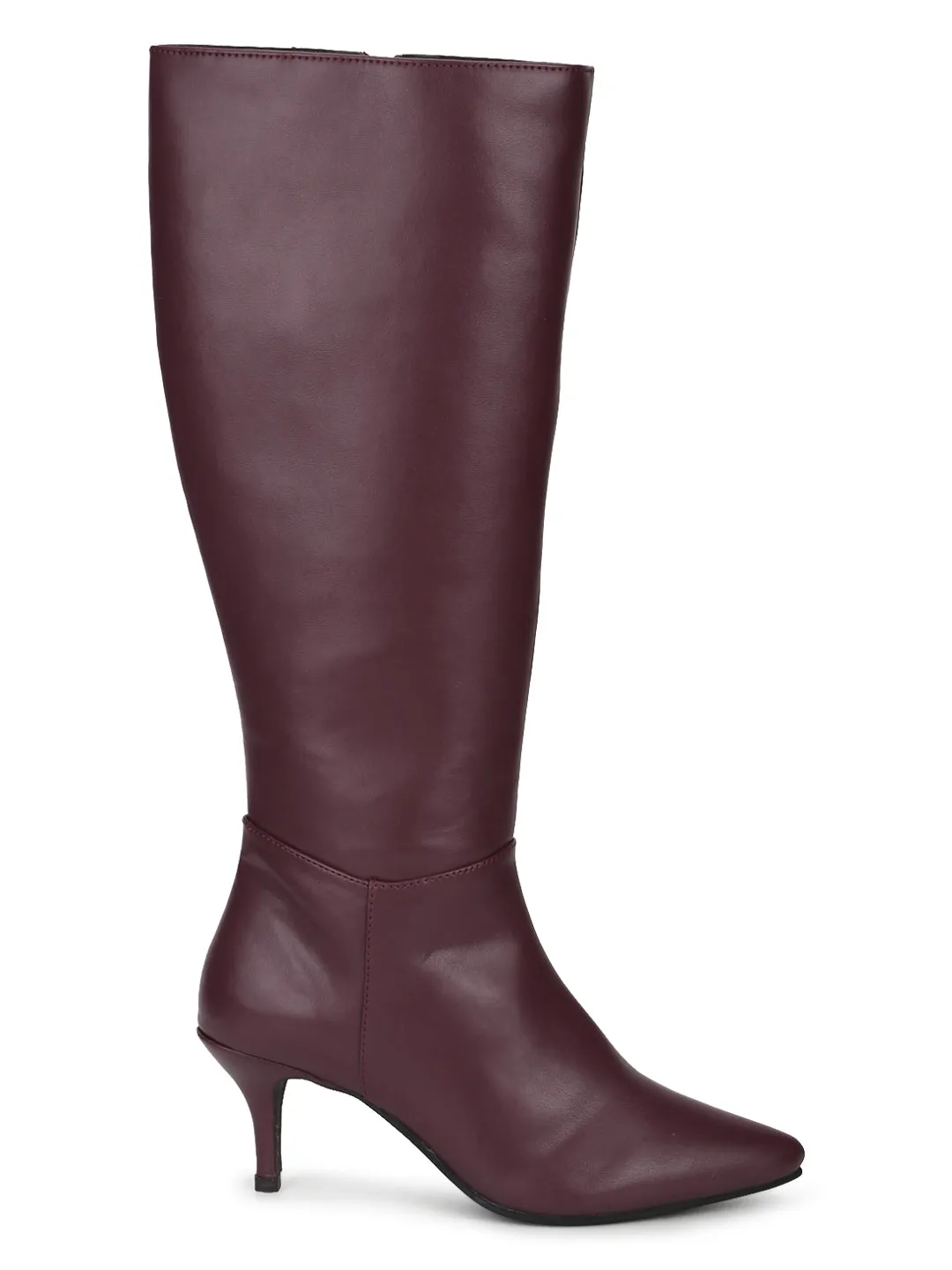 Burgundy PU Pointed Knee High Boots