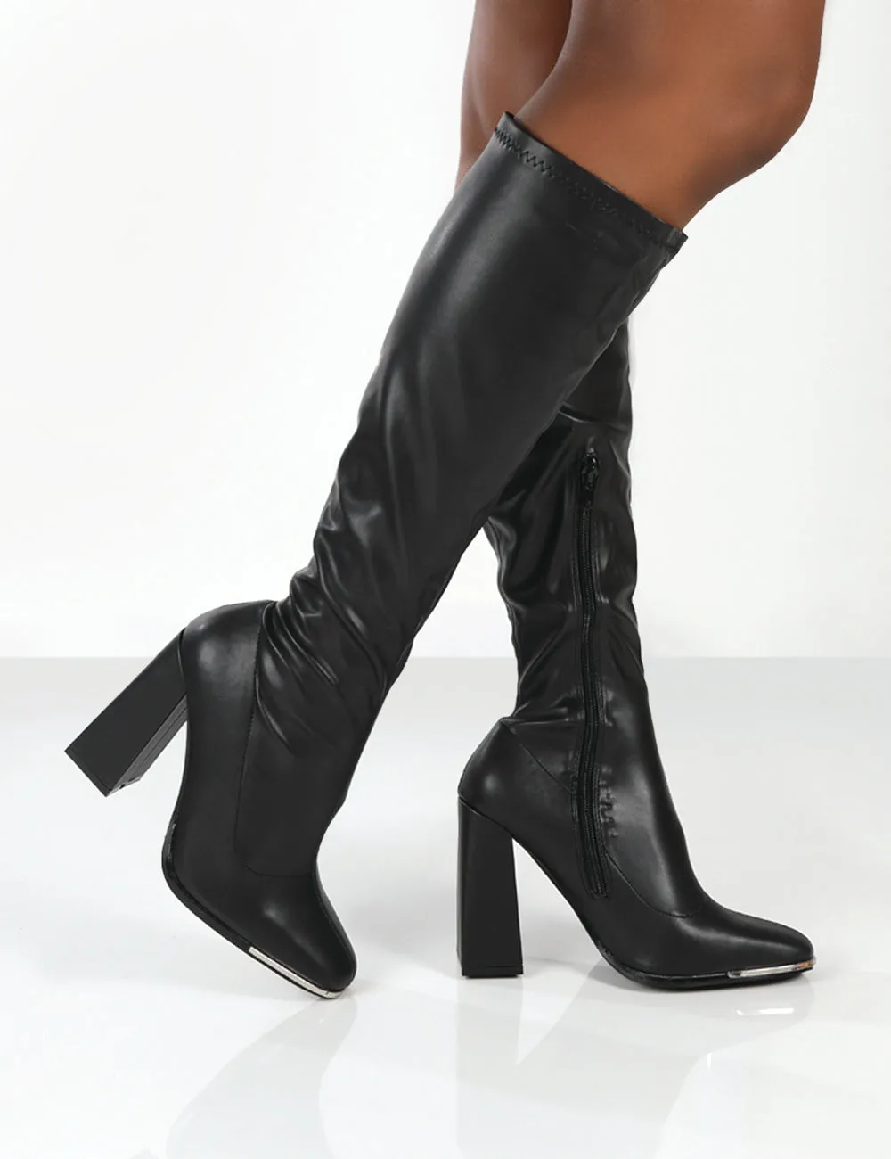 Caryn Black PU Knee High Block Heeled Boot