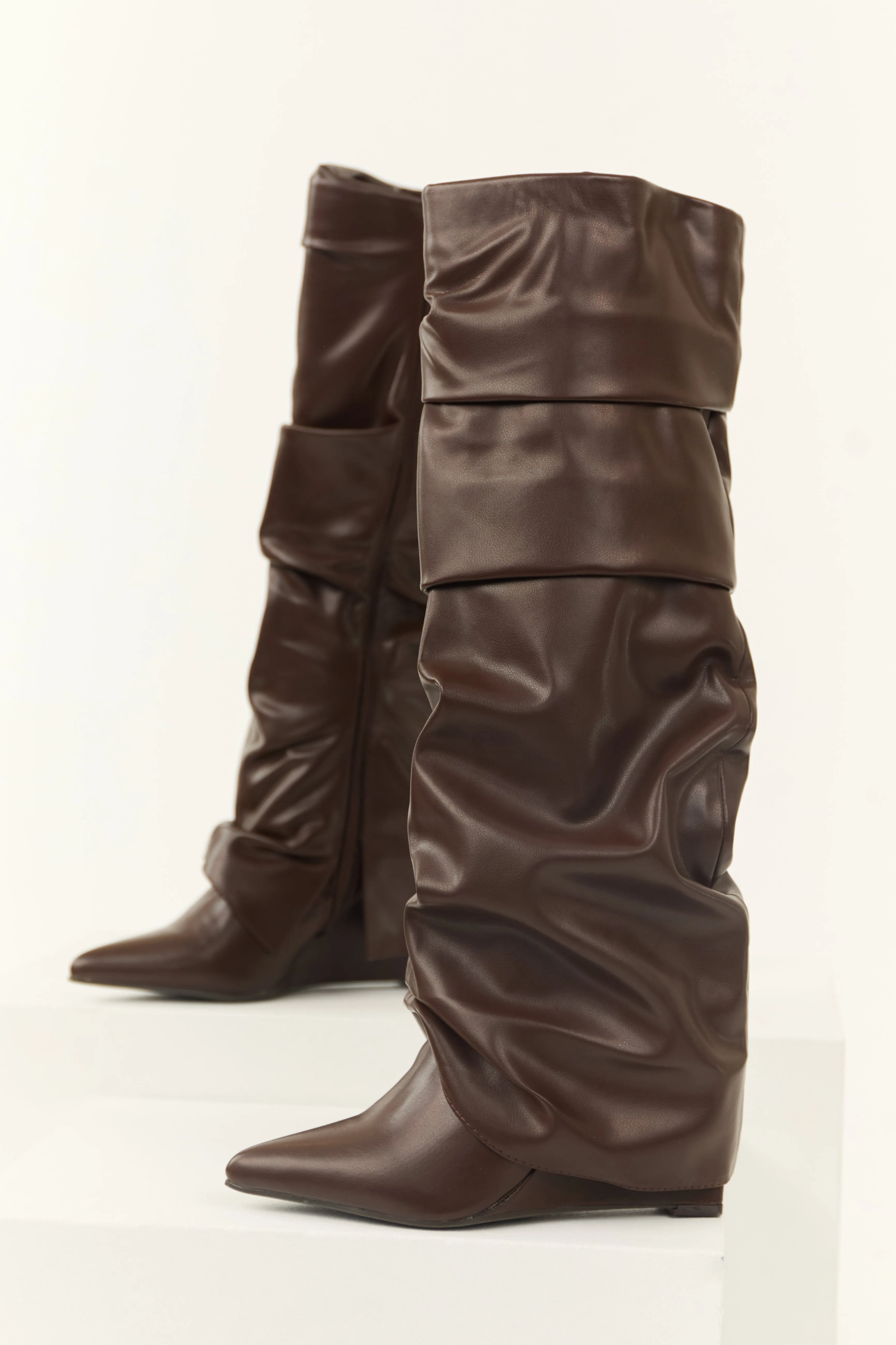 Chocolate Faux Leather Slouchy Knee High Boots