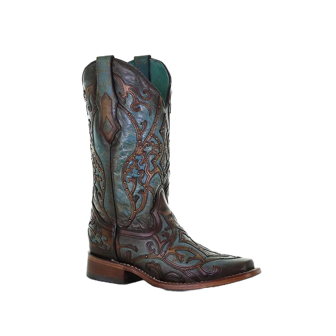 Corral Ladies Overlay Embroidery Turquoise & Brown Leather Boots C3768