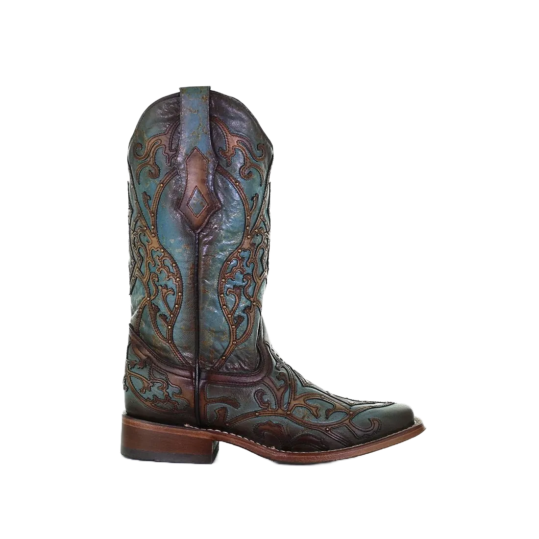 Corral Ladies Overlay Embroidery Turquoise & Brown Leather Boots C3768