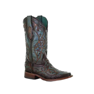 Corral Ladies Overlay Embroidery Turquoise & Brown Leather Boots C3768