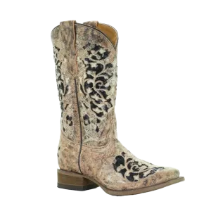 Corral Teens Tan & Black Glitter Inlay & Embroidery Boots T0042