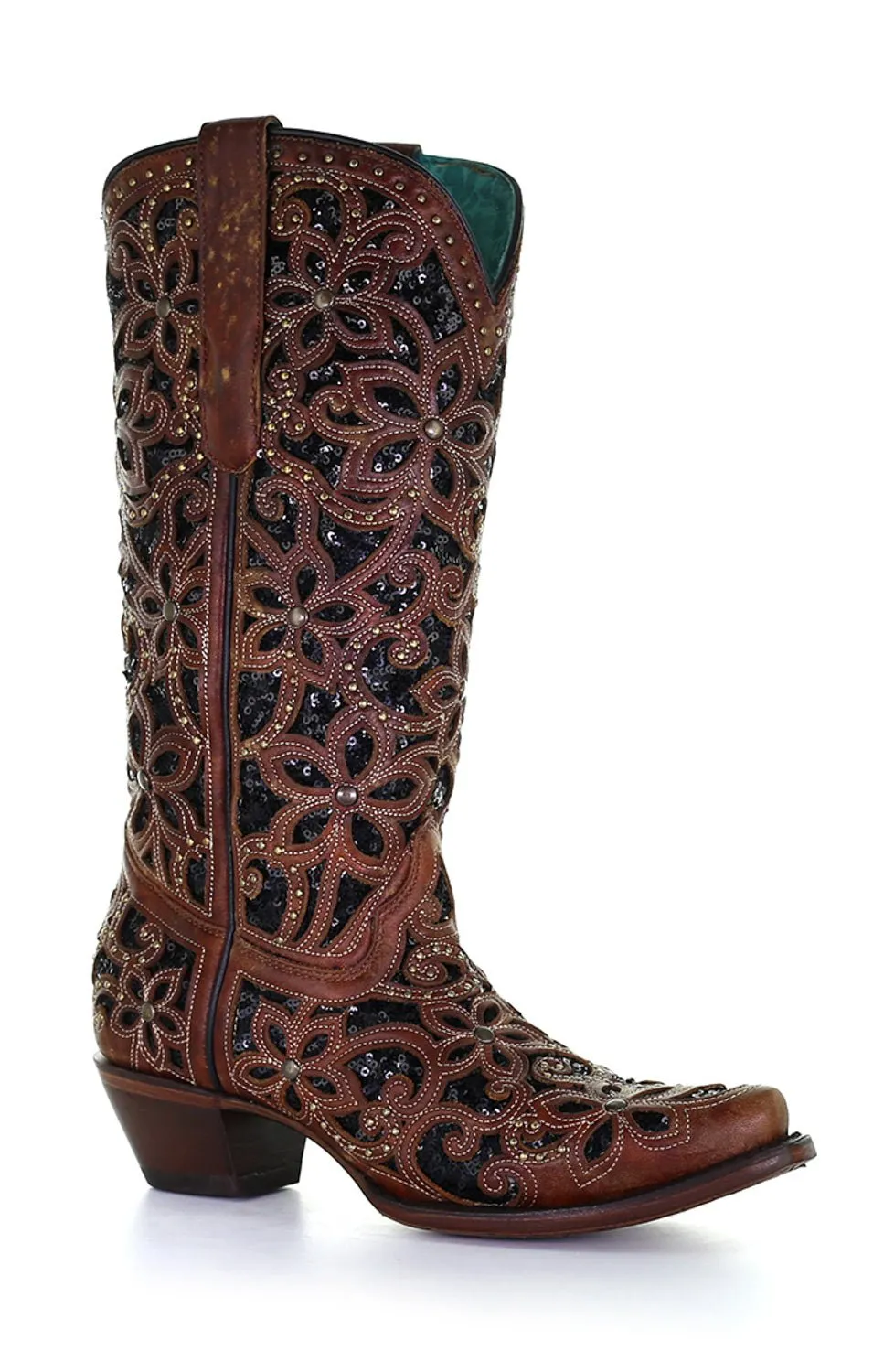 Corral Womens Inlay Embroidery Cowboy Boots Leather Tan/Black