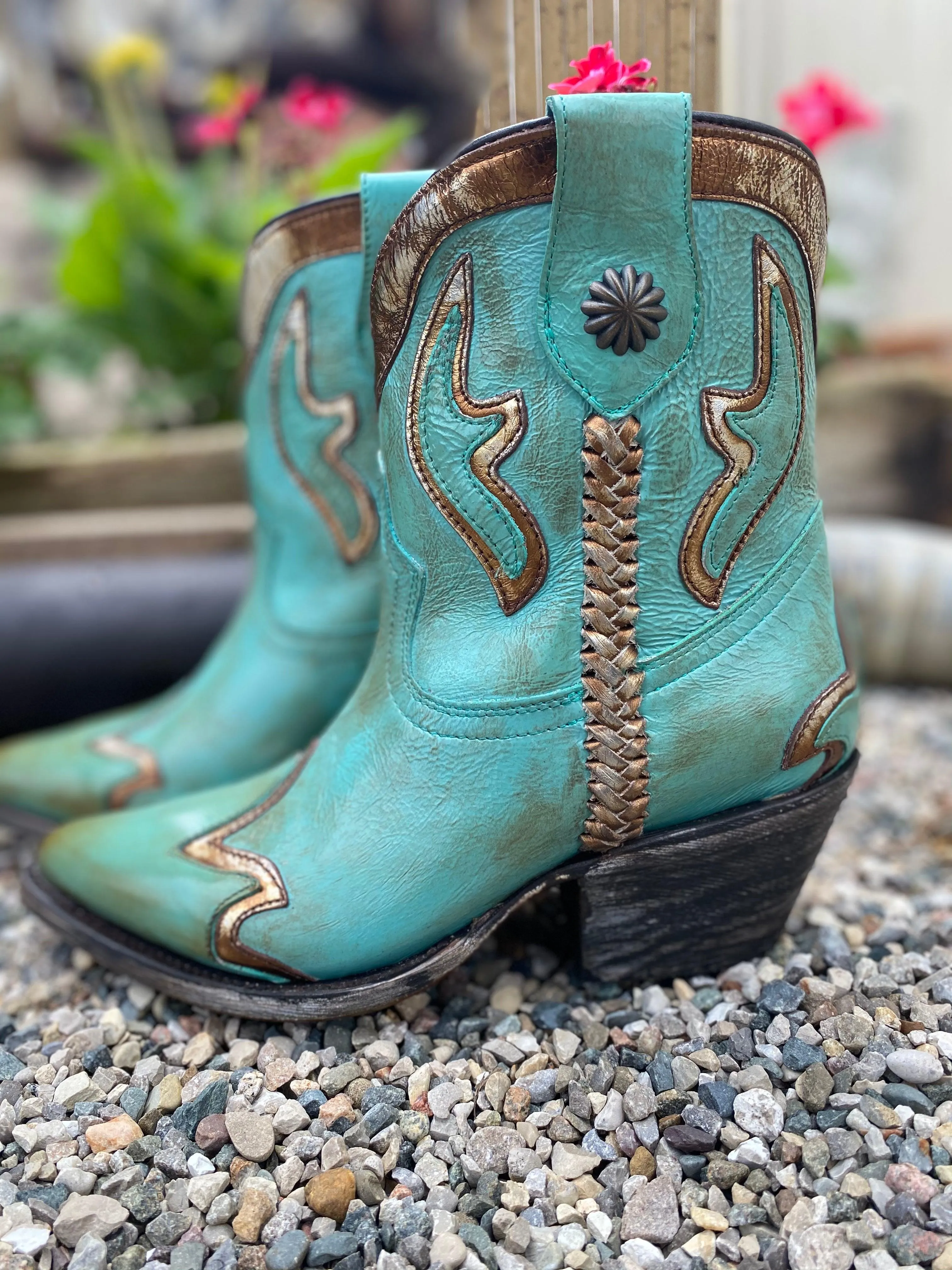 Corral Women’s Turquoise & Gold Overlay Shortie Ankle Boots Z0120