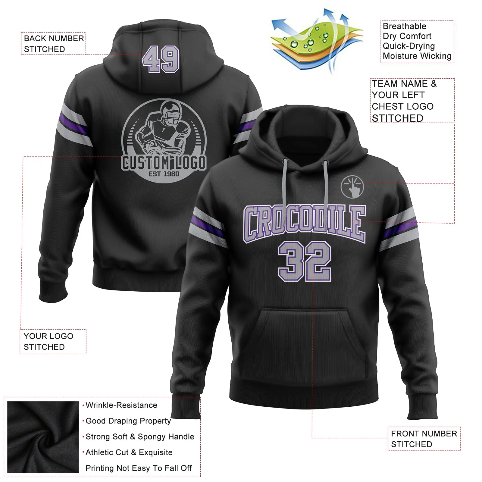 Custom Stitched Black Gray-Purple Football Pullover Sweatshirt Hoodie