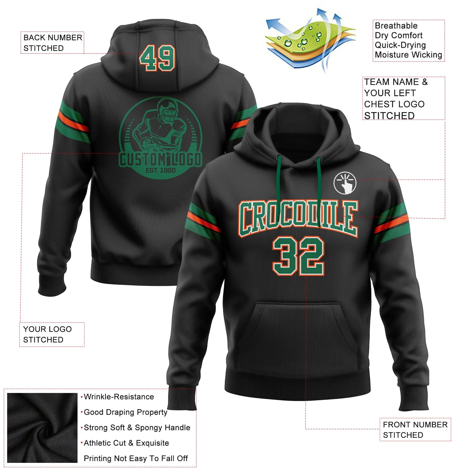 Custom Stitched Black Kelly Green-Orange Football Pullover Sweatshirt Hoodie