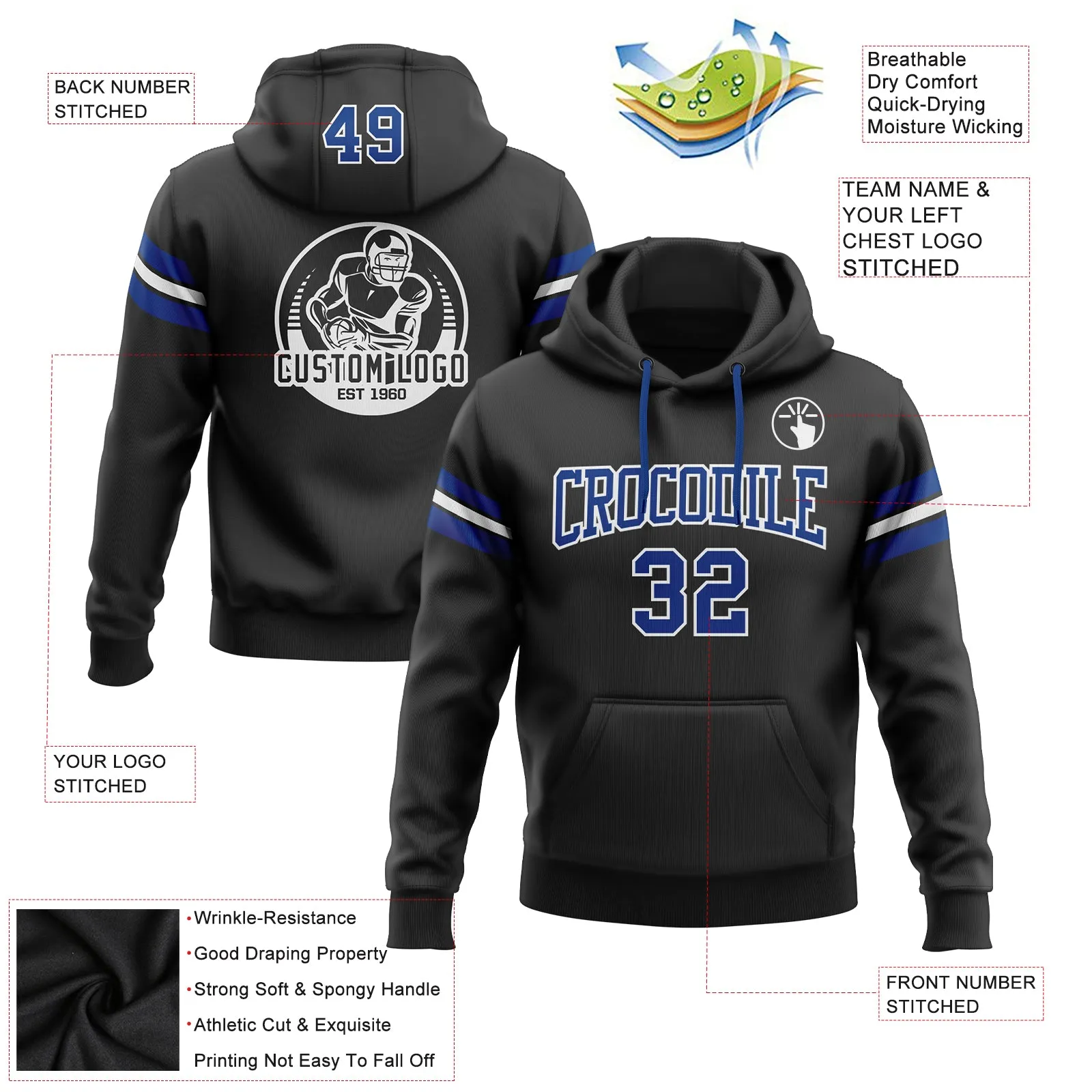 Custom Stitched Black Royal-White Football Pullover Sweatshirt Hoodie