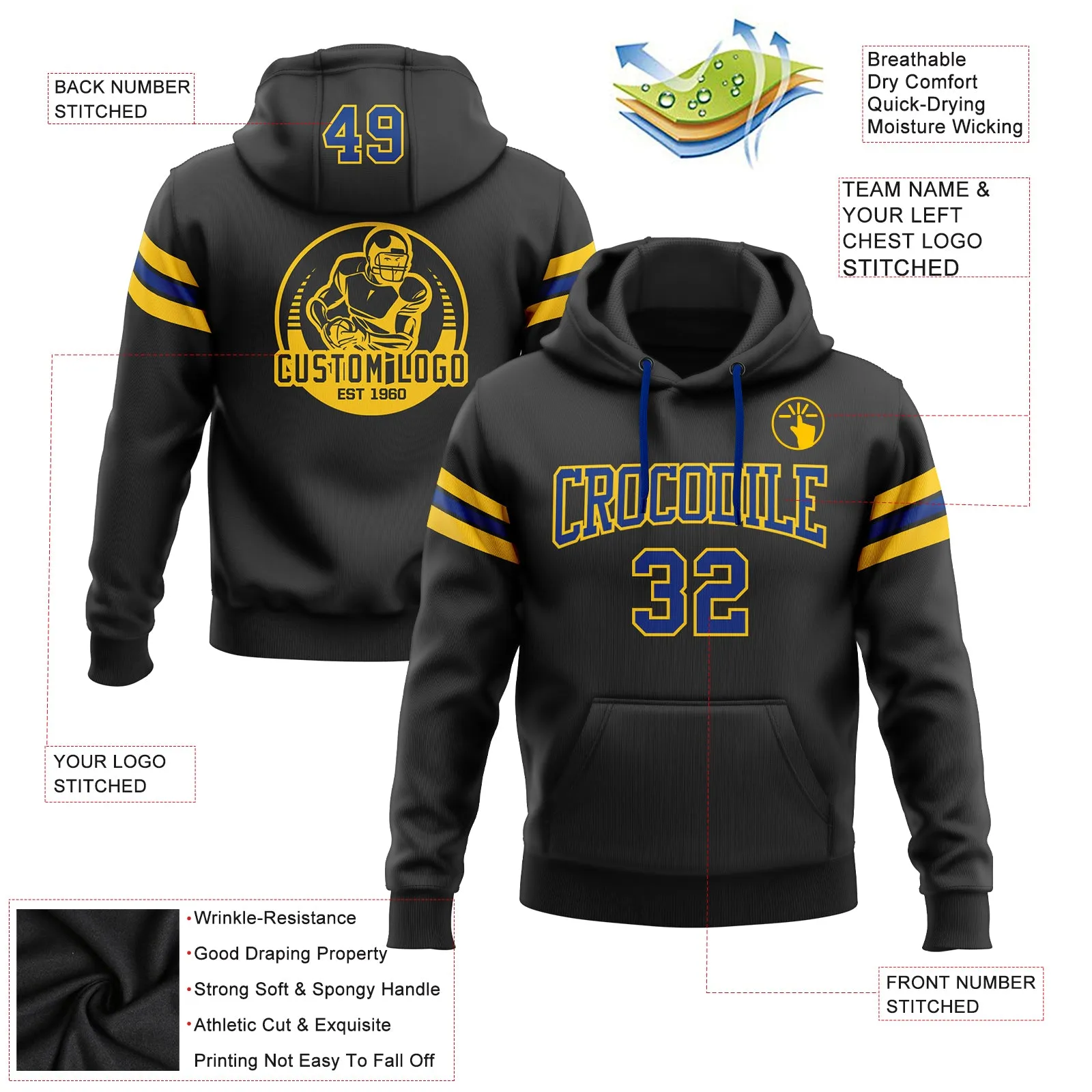 Custom Stitched Black Royal-Yellow Football Pullover Sweatshirt Hoodie