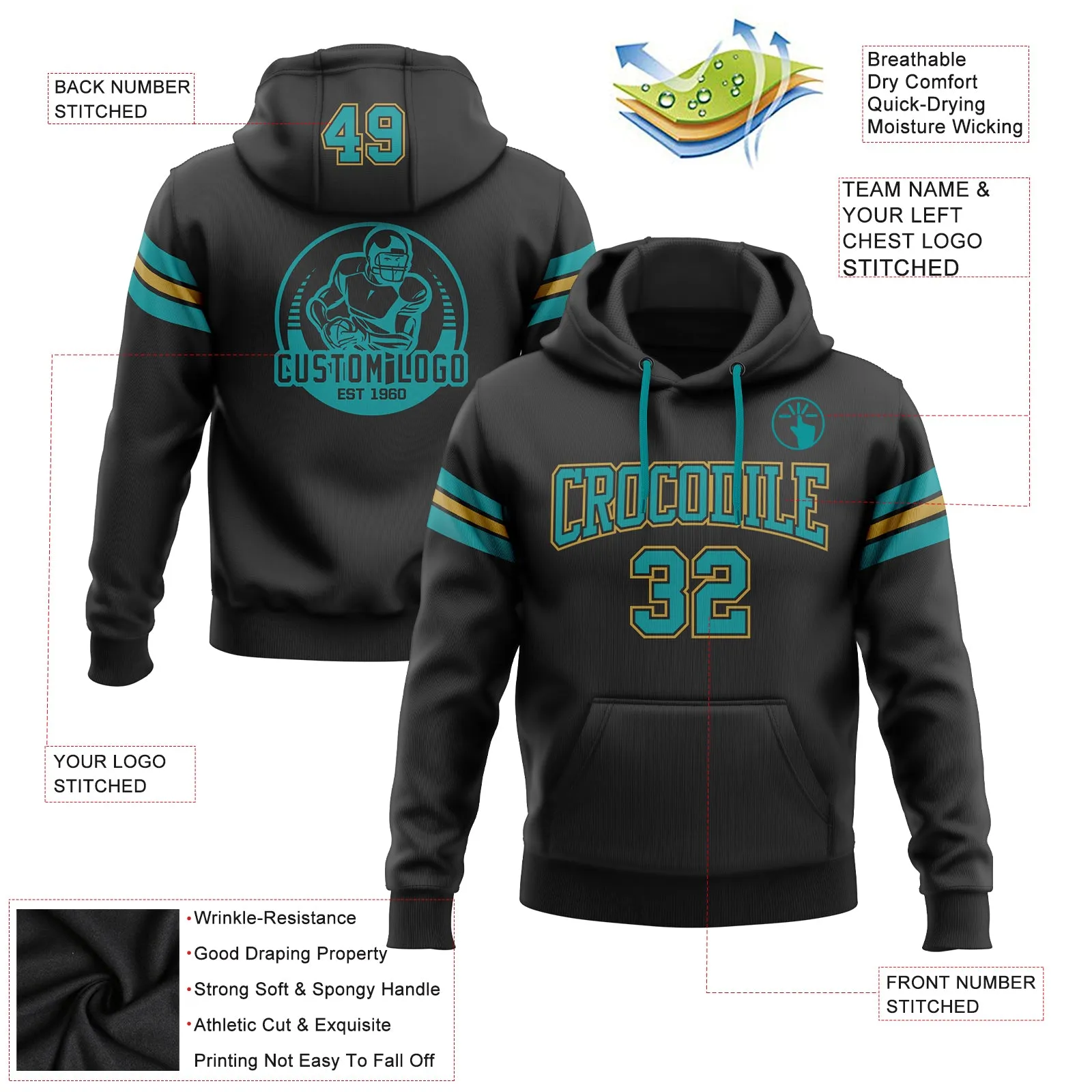 Custom Stitched Black Teal-Old Gold Football Pullover Sweatshirt Hoodie