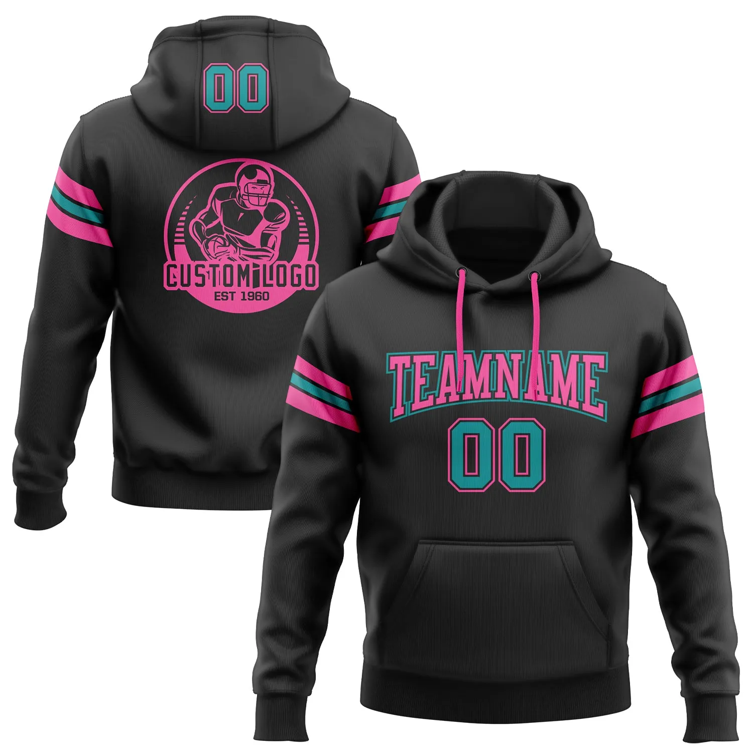 Custom Stitched Black Teal-Pink Football Pullover Sweatshirt Hoodie