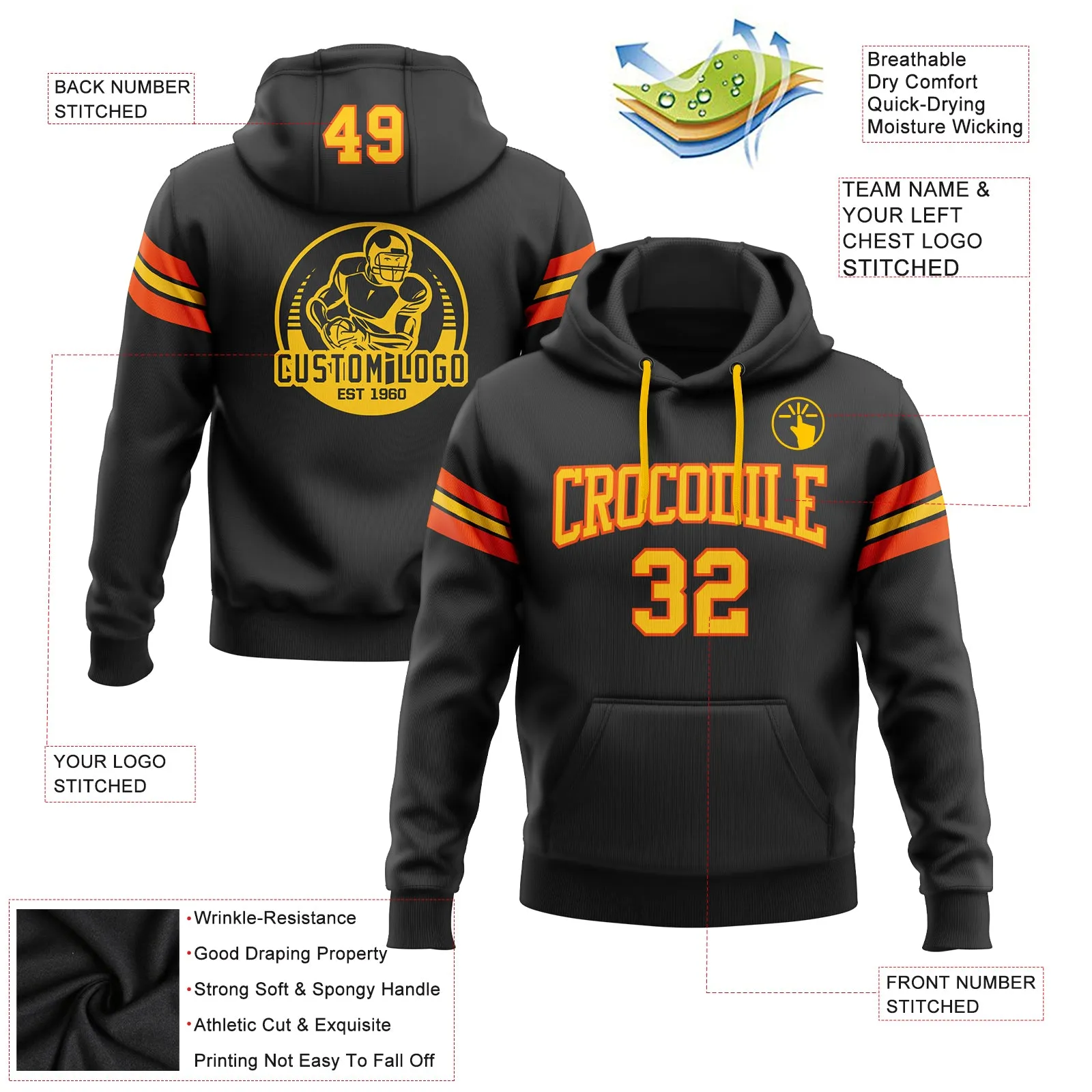 Custom Stitched Black Yellow-Orange Football Pullover Sweatshirt Hoodie