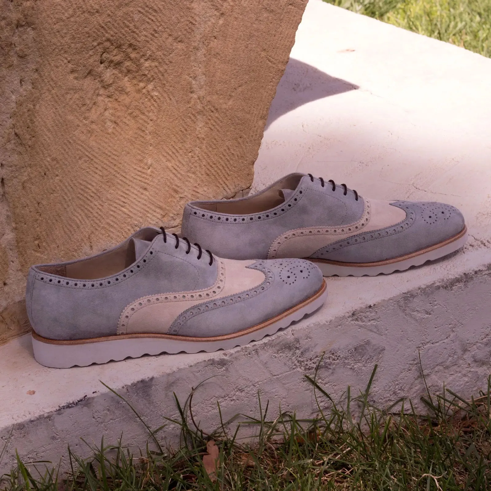 DapperFam Aeron in Light Grey / Ivory Men's Italian Suede Full Brogue