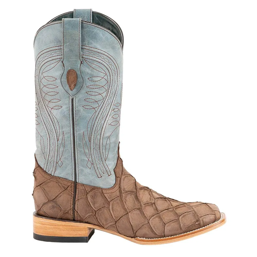 Ferrini Bronco Brown Pirarucu Print Square Toe Leather Cowboy Boots