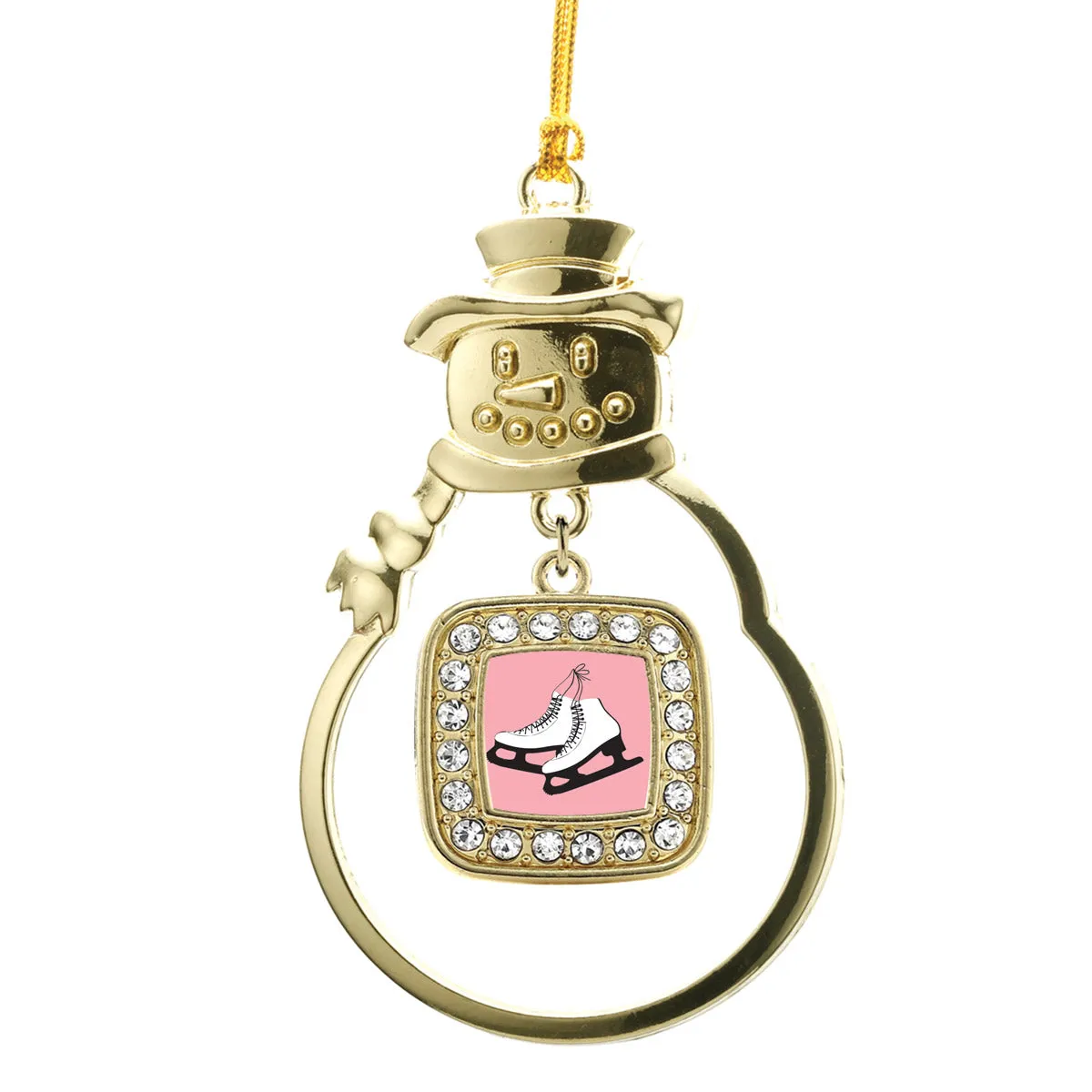 Gold Figure Skates Square Charm Snowman Ornament