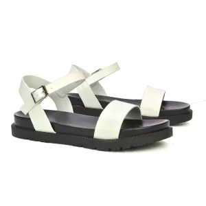 Grace Flatform Ankle Buckle Strappy Flat Summer Sandals in White Synthetic Leather