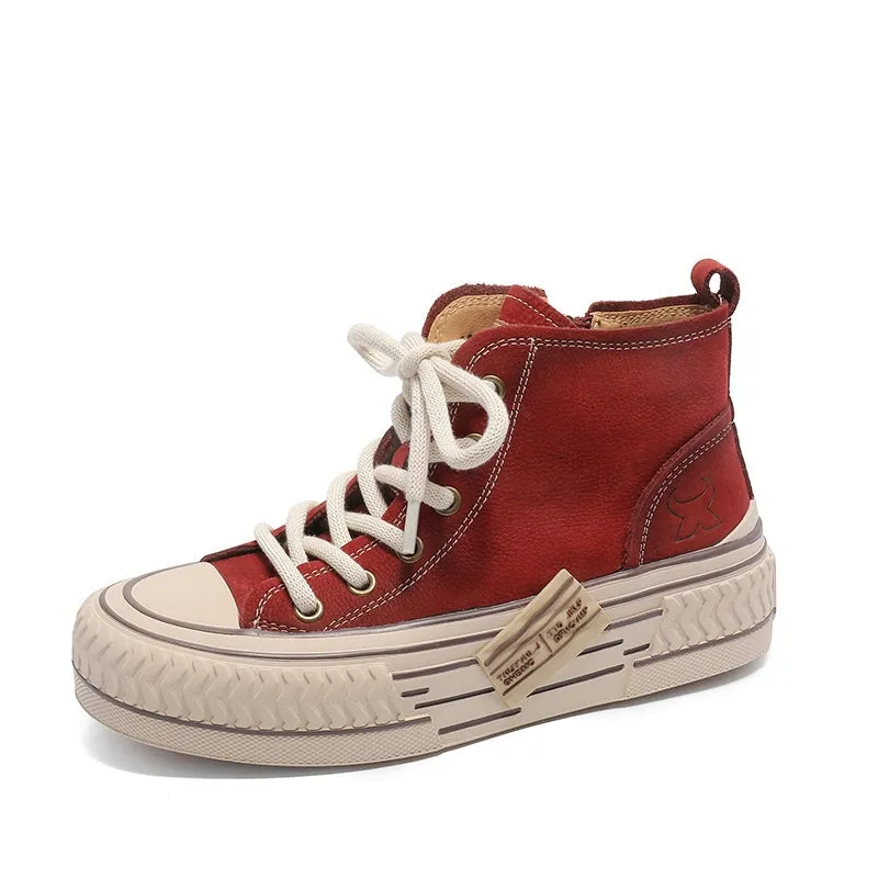 High-top Lace Up Flat Leather Sneakers for Women in Red/Brown/Beige