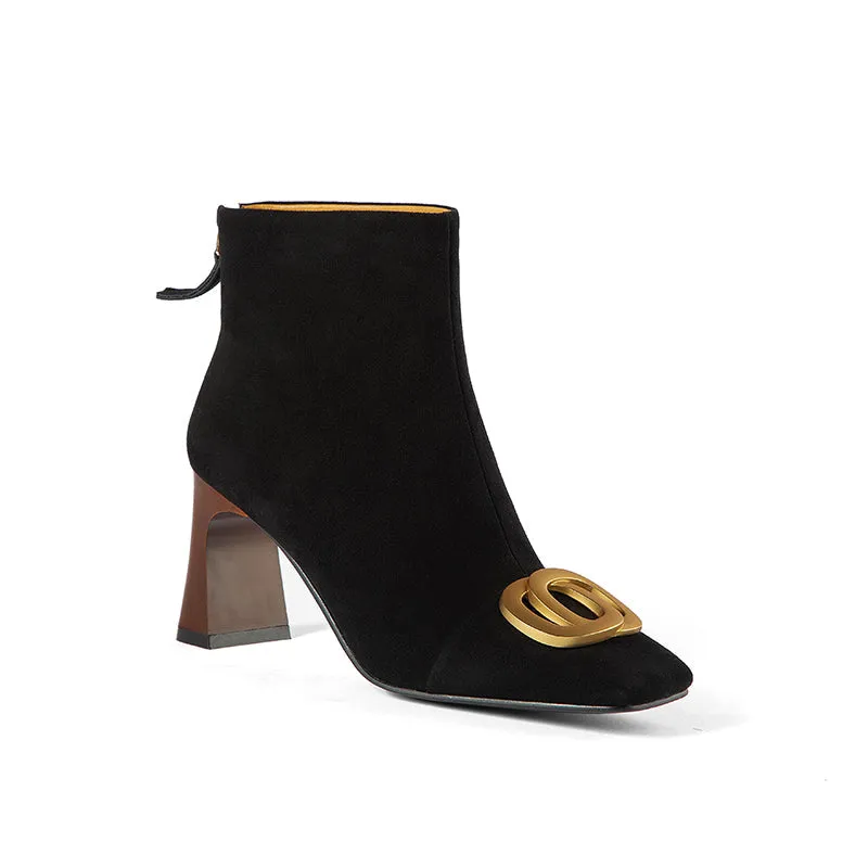 Iqra Suede Black Block Heel Ankle Boots