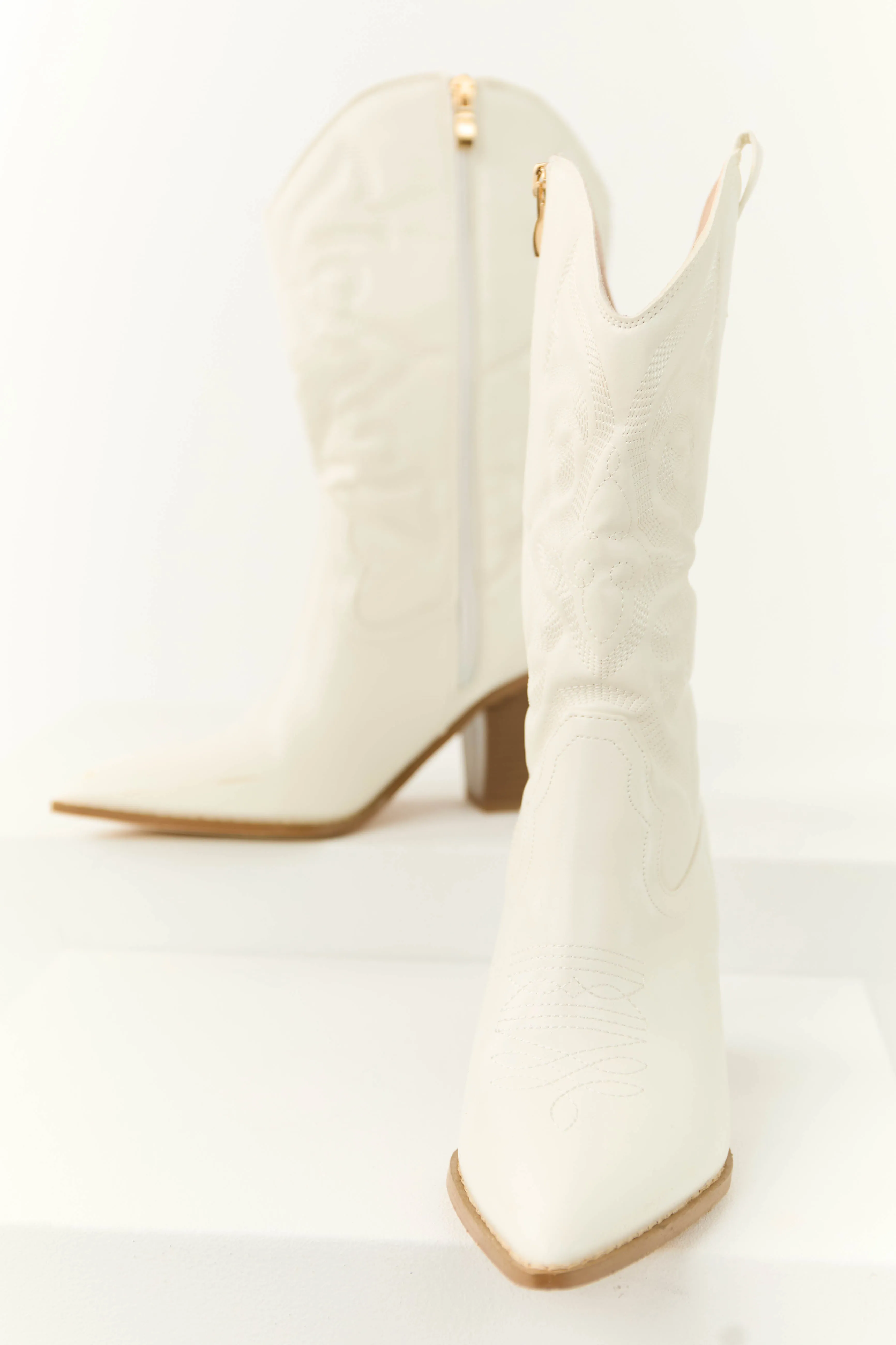 Ivory Western Embroidered Mid Calf Boots