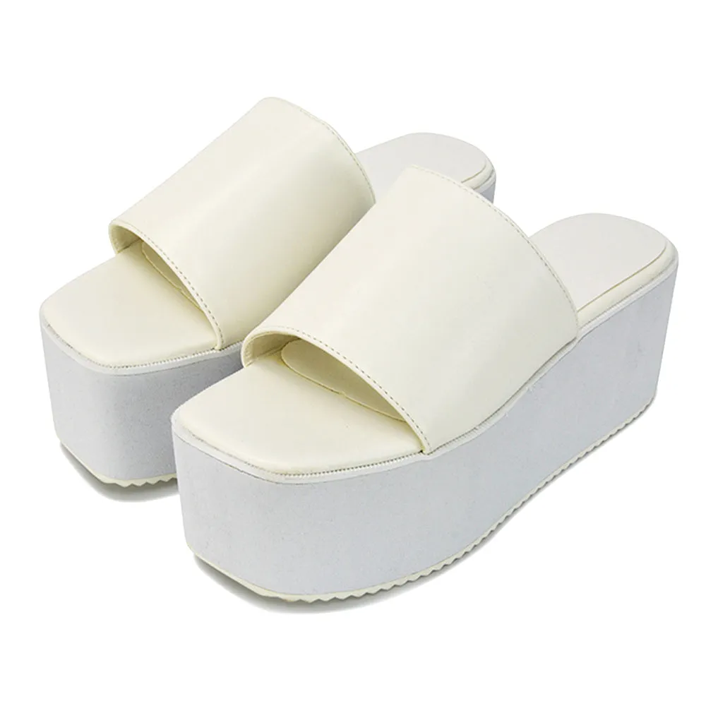 Kaiya Square Toe Slip on Flatform Sandal Slides in White Synthetic Leather