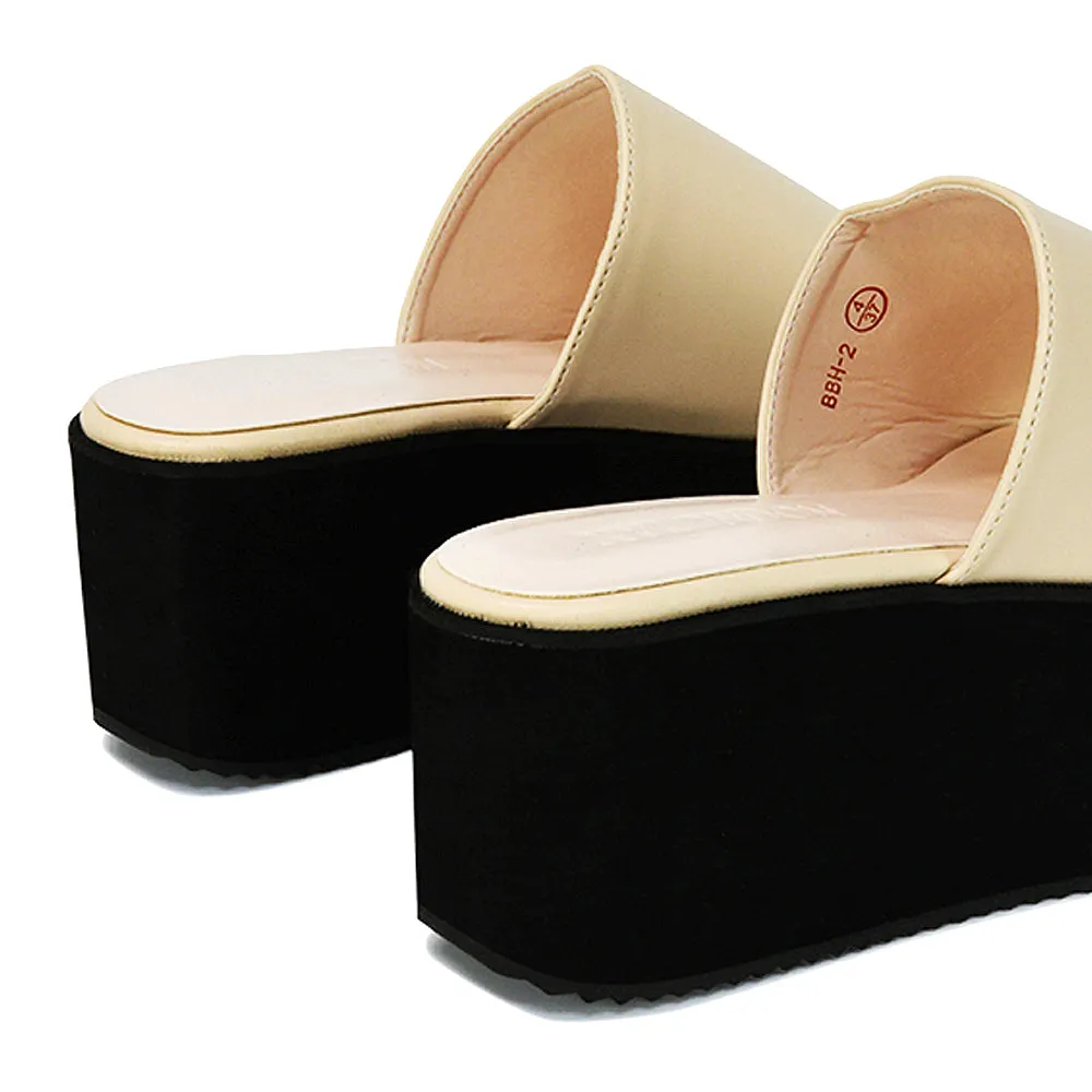 Kaiya Square Toe Slip on Flatform Sandal Slides in White Synthetic Leather