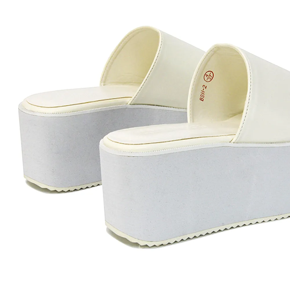 Kaiya Square Toe Slip on Flatform Sandal Slides in White Synthetic Leather