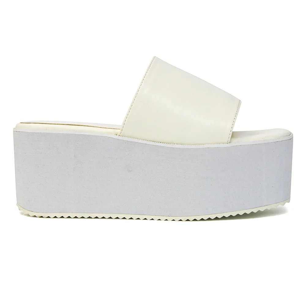 Kaiya Square Toe Slip on Flatform Sandal Slides in White Synthetic Leather