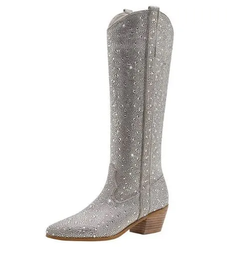 Knee High Silver Rhinestone Encrusted Cowboy Boots