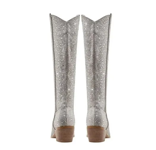 Knee High Silver Rhinestone Encrusted Cowboy Boots