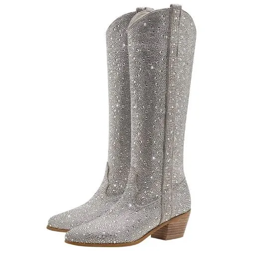 Knee High Silver Rhinestone Encrusted Cowboy Boots