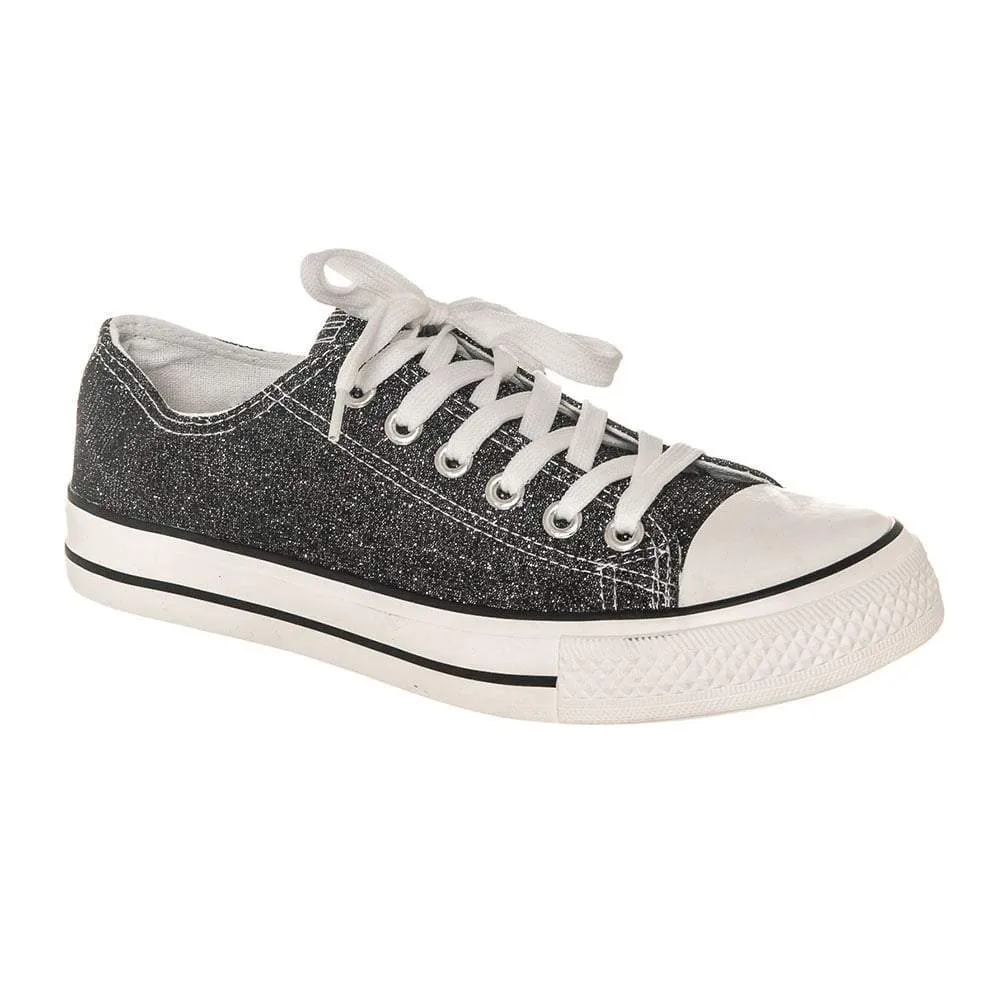 Lace Up Glitter Up Canvas Trainer With Rubber Sole And Toe Cap