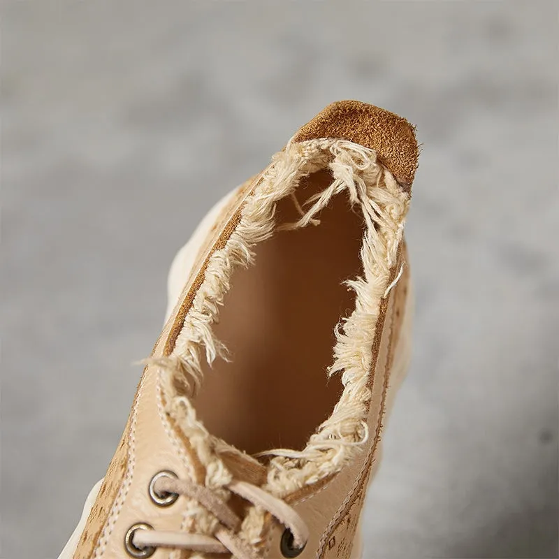 Leather Flatform Low-top Perforated Sneakers for Women Fringed Detail in Apricot/Coffee