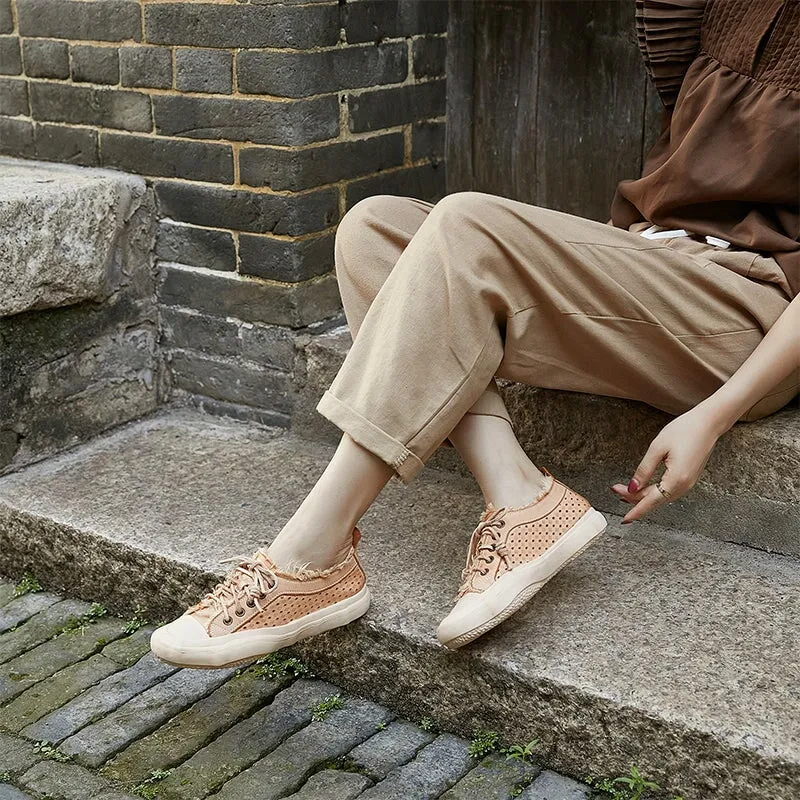 Leather Flatform Low-top Perforated Sneakers for Women Fringed Detail in Apricot/Coffee