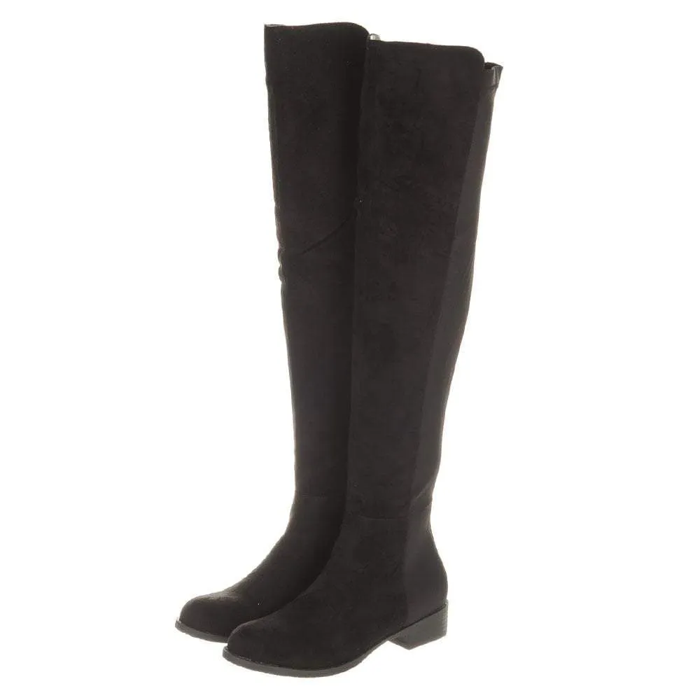 Low Block Heel Over Knee Boot With Elastic Back Panel