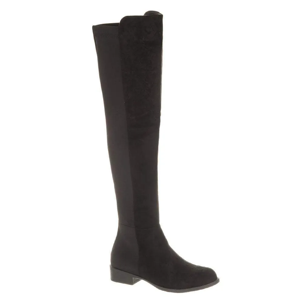 Low Block Heel Over Knee Boot With Elastic Back Panel