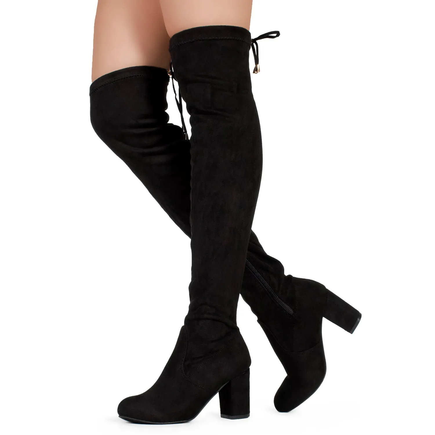 Medium Calf Over The Knee Chunky Heel Stretch Boots BLACK