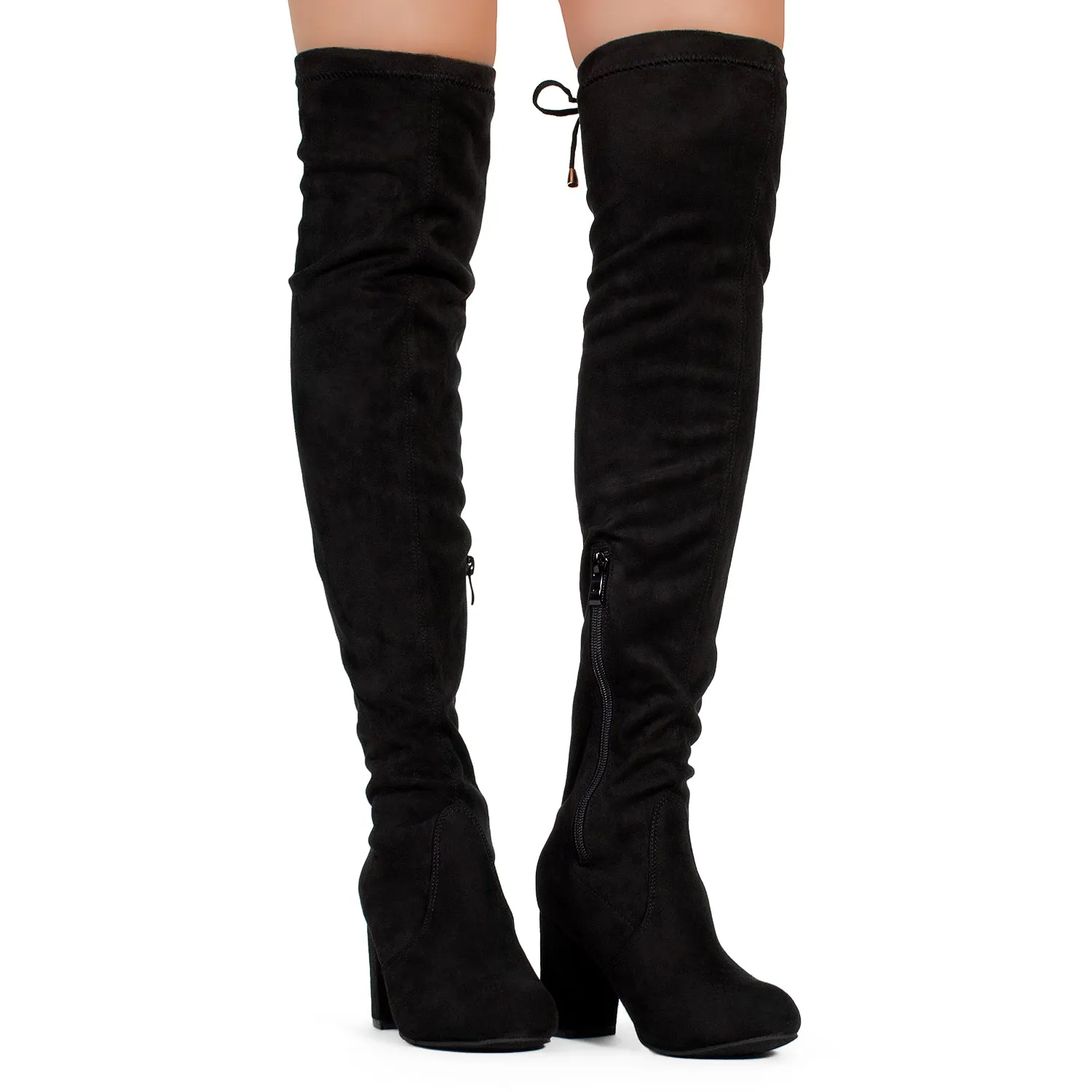 Medium Calf Over The Knee Chunky Heel Stretch Boots BLACK