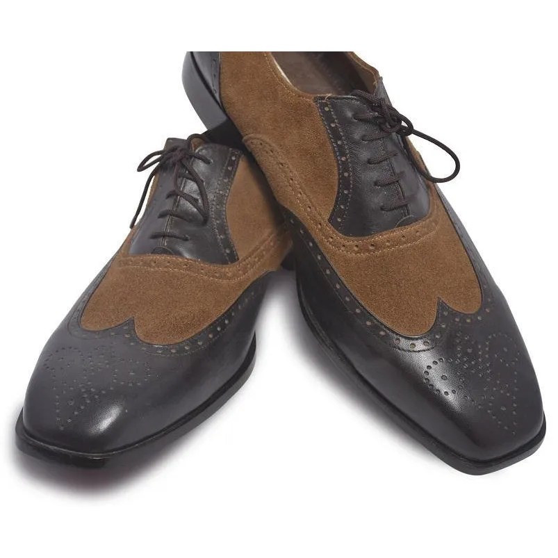 Men Brown Black Wingtip Handmade Genuine Leather Shoes