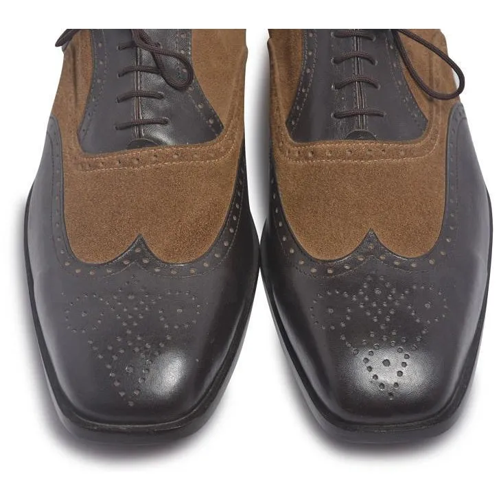 Men Brown Black Wingtip Handmade Genuine Leather Shoes