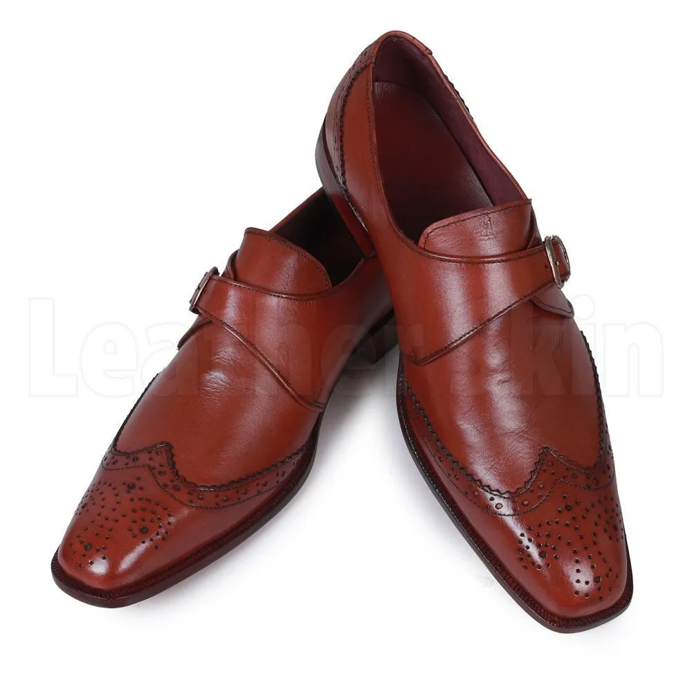 Men Brown Brogue Wingtip Single Monk Genuine Handmade Leather Shoes