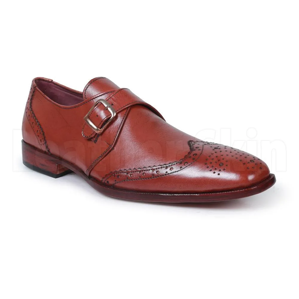 Men Brown Brogue Wingtip Single Monk Genuine Handmade Leather Shoes